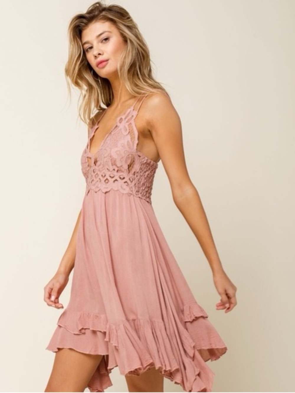 Free People Adella Slip Lace Babydoll Feminine Whimsy Pink Ruffle Dress